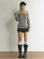 Off-Shoulder Bow Cable Knit Sweater