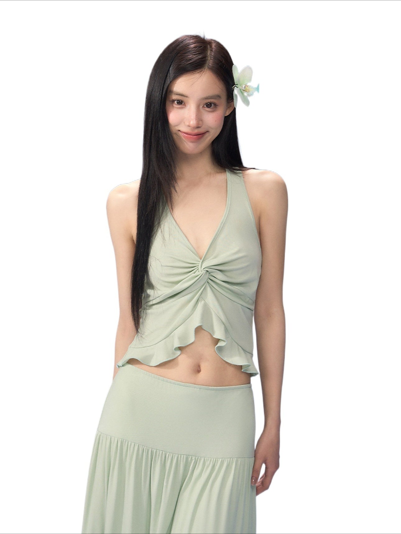 Green Twist Halter Camisole &amp; Skirt Set