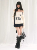 Letter Print Off-Shoulder Knit Sweater