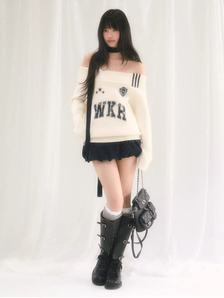 Letter Print Off-Shoulder Knit Sweater