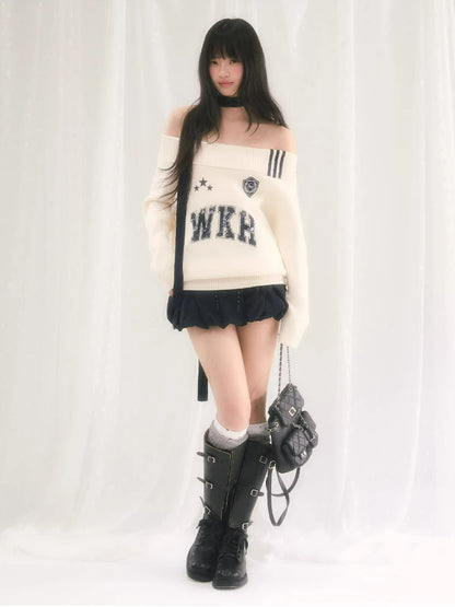 Letter Print Off-Shoulder Knit Sweater