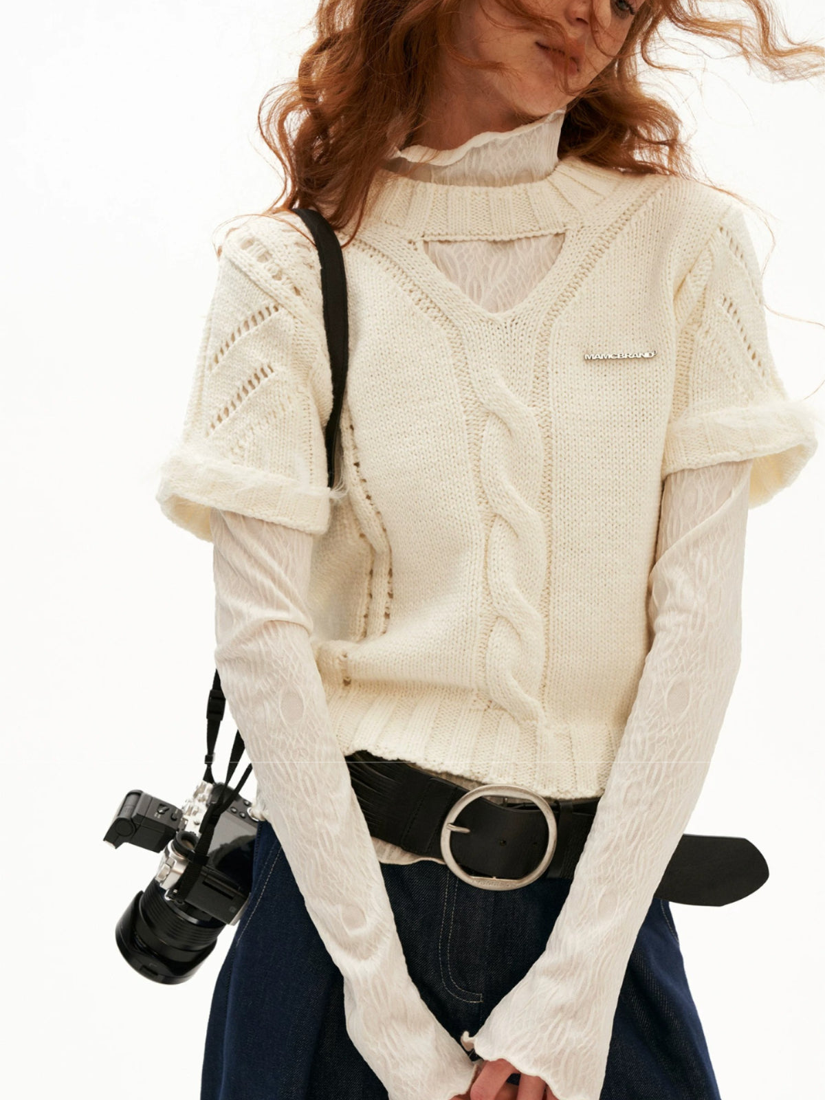 Textured Openwork Puff Sleeve Knit Top
