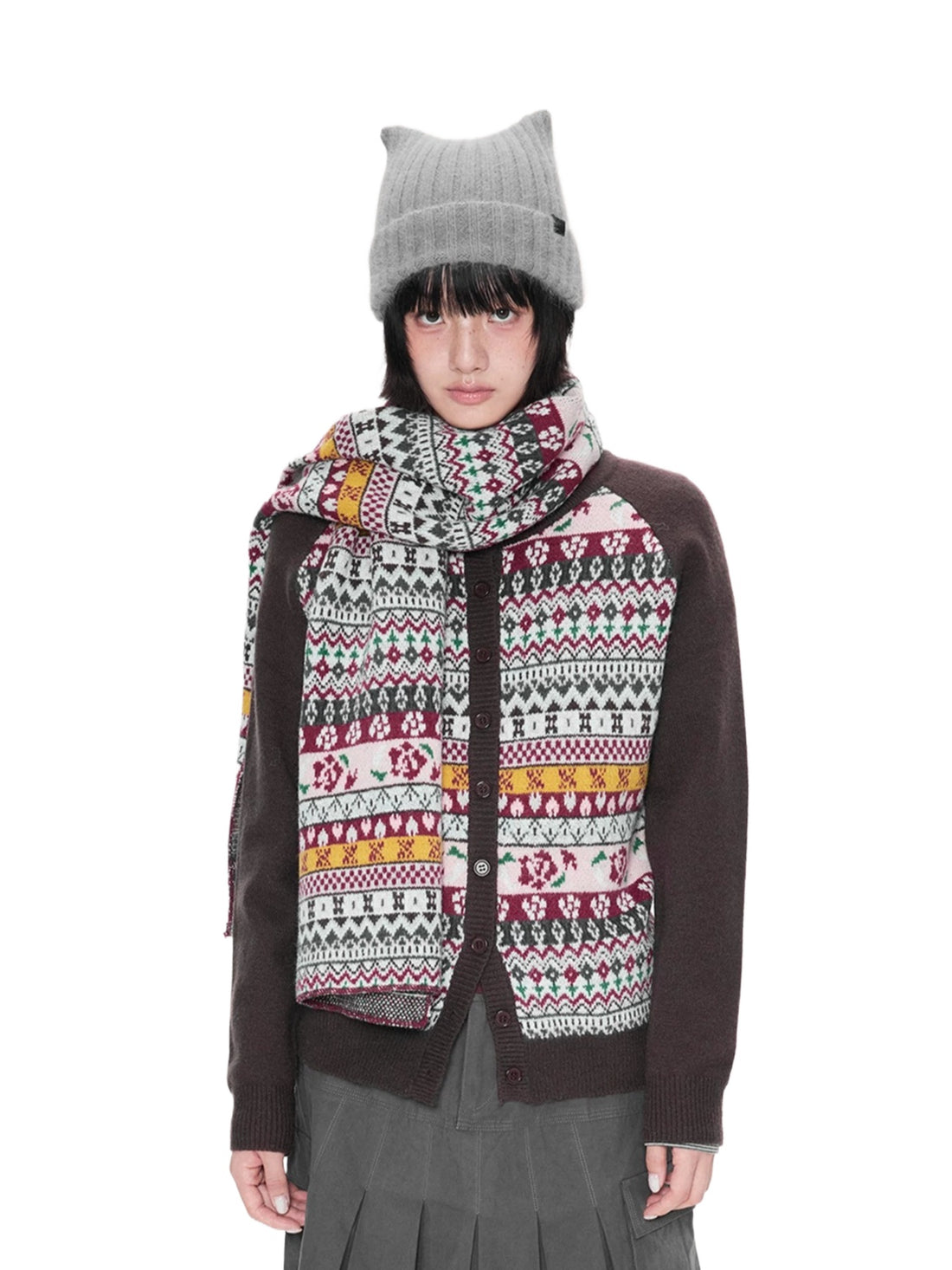 Contrast Folk Print Cardigan Set