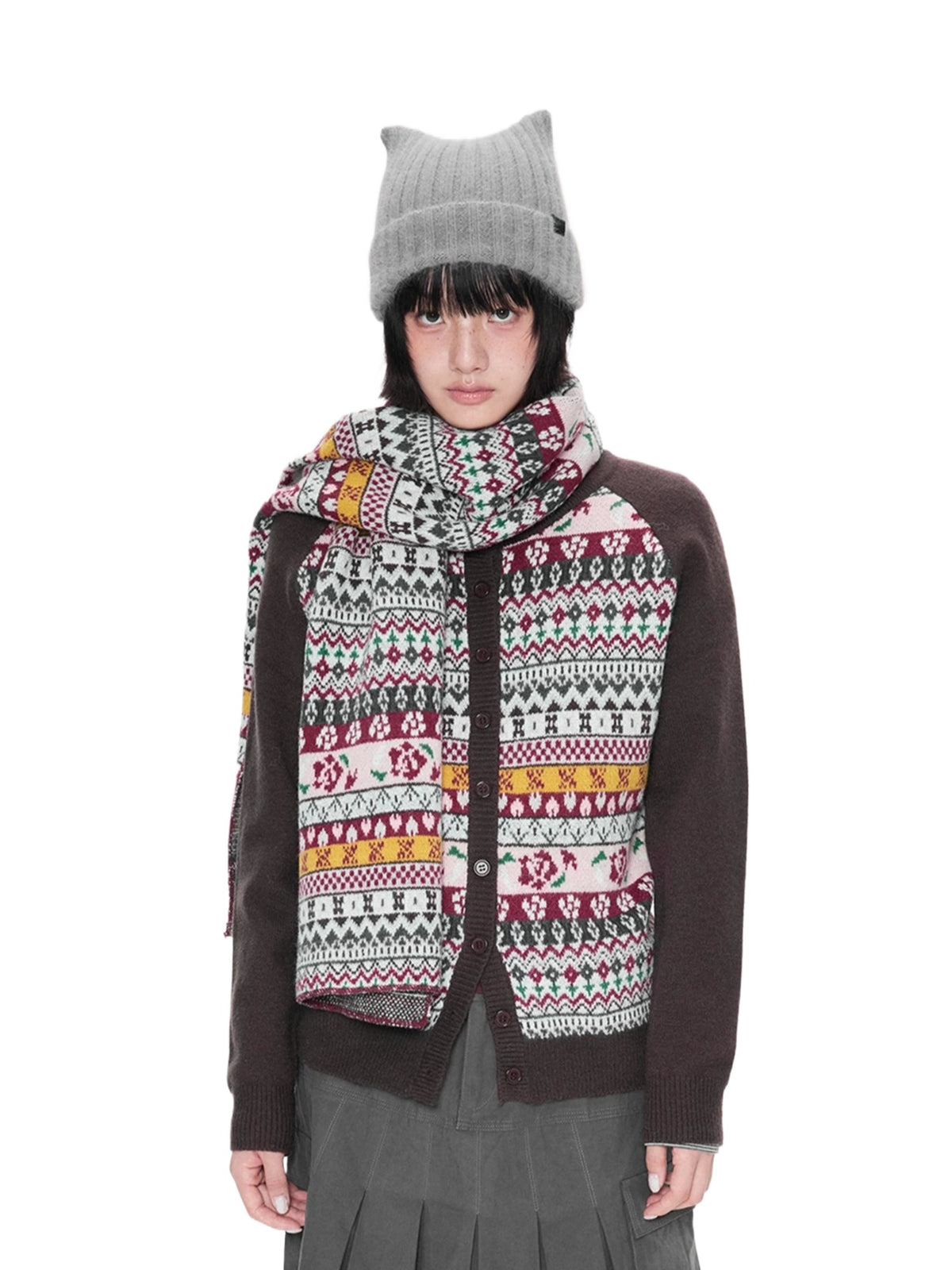 Contrast Folk Print Cardigan Set