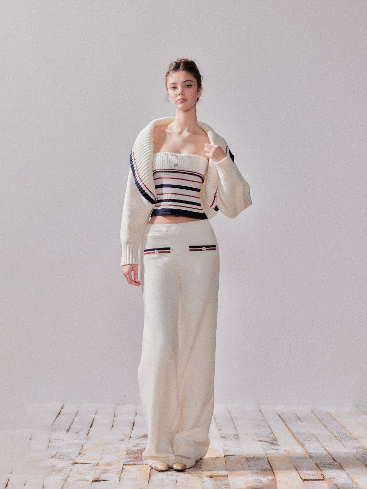 Striped Oversized Collar Knit Cardigan and Pants Set