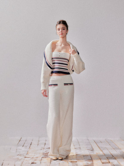 Striped Oversized Collar Knit Cardigan and Pants Set