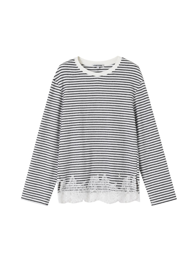 Lace Panel Fuzzy Stripe Tee