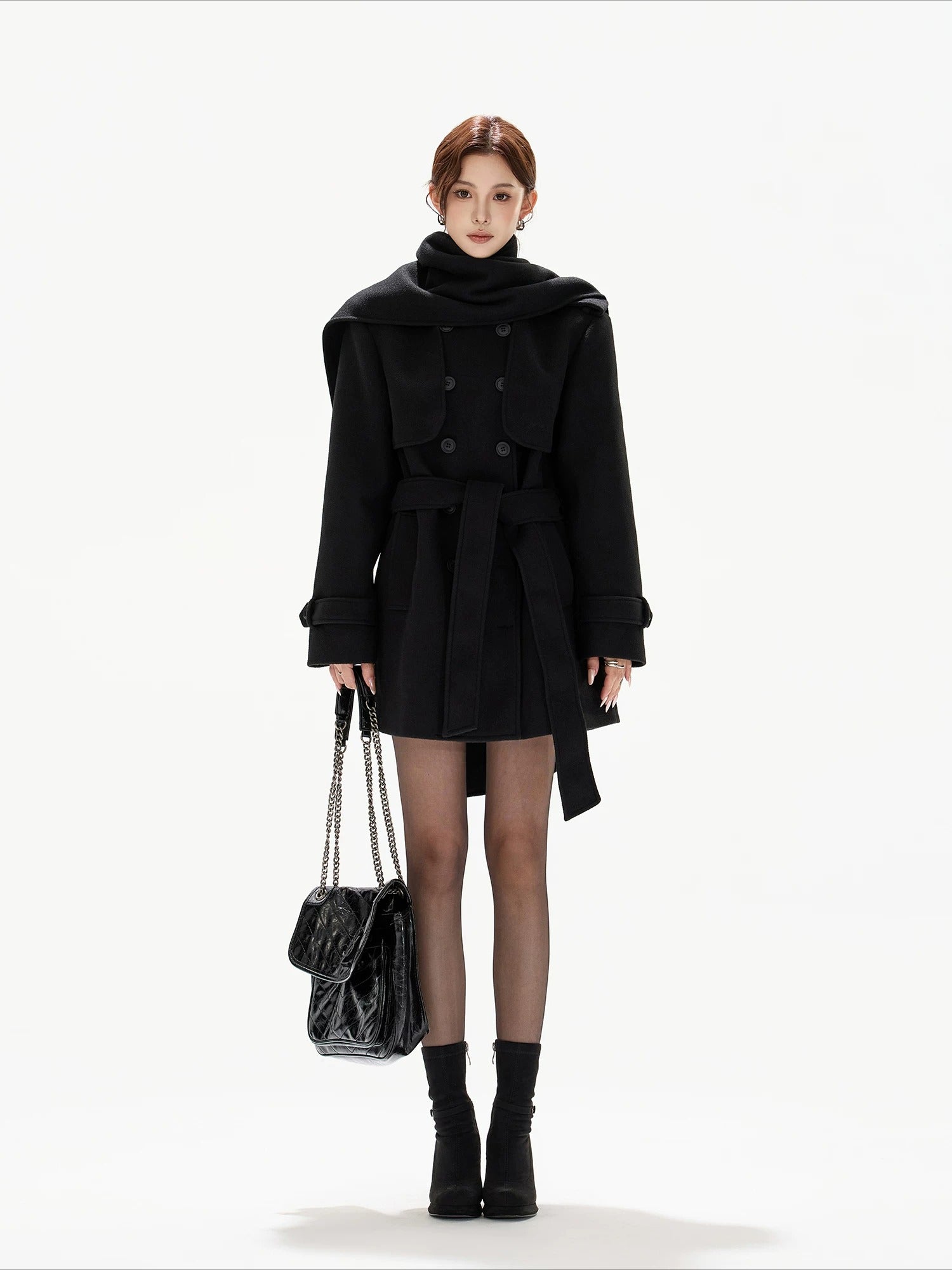 Black Belted Double-Breasted Coat