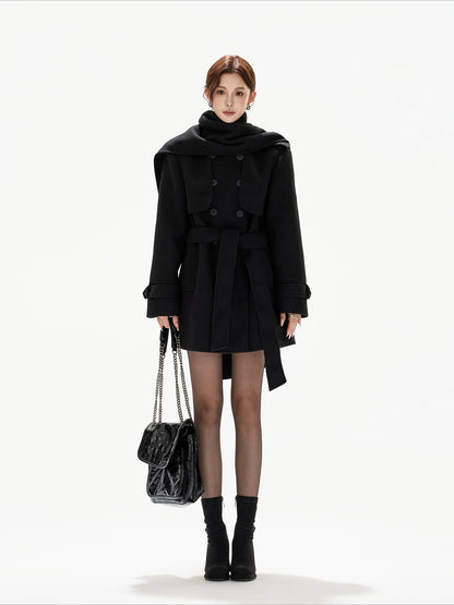 Black Belted Double-Breasted Coat