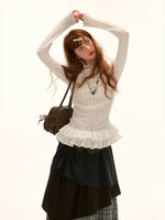 Ruffle High-Neck Slim Long Sleeve Top