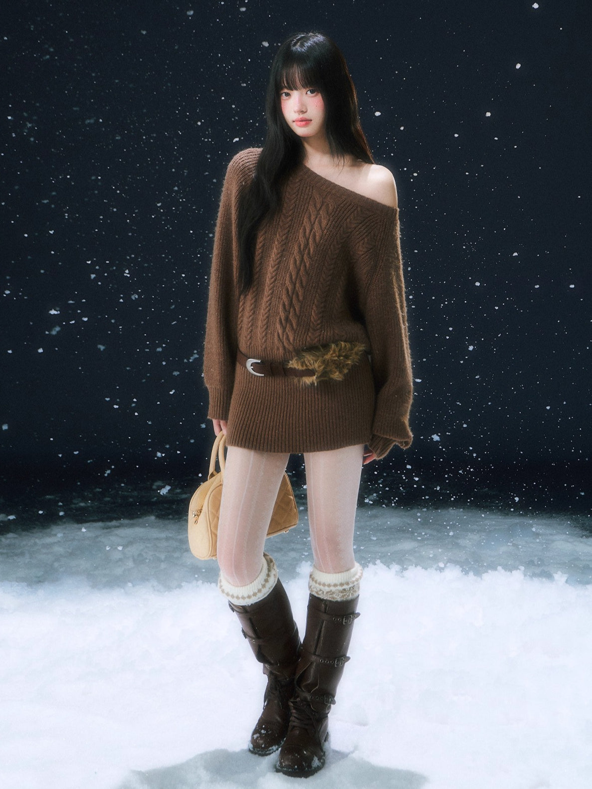 Coffee &amp; Apricot Off-the-shoulder Belt Dress