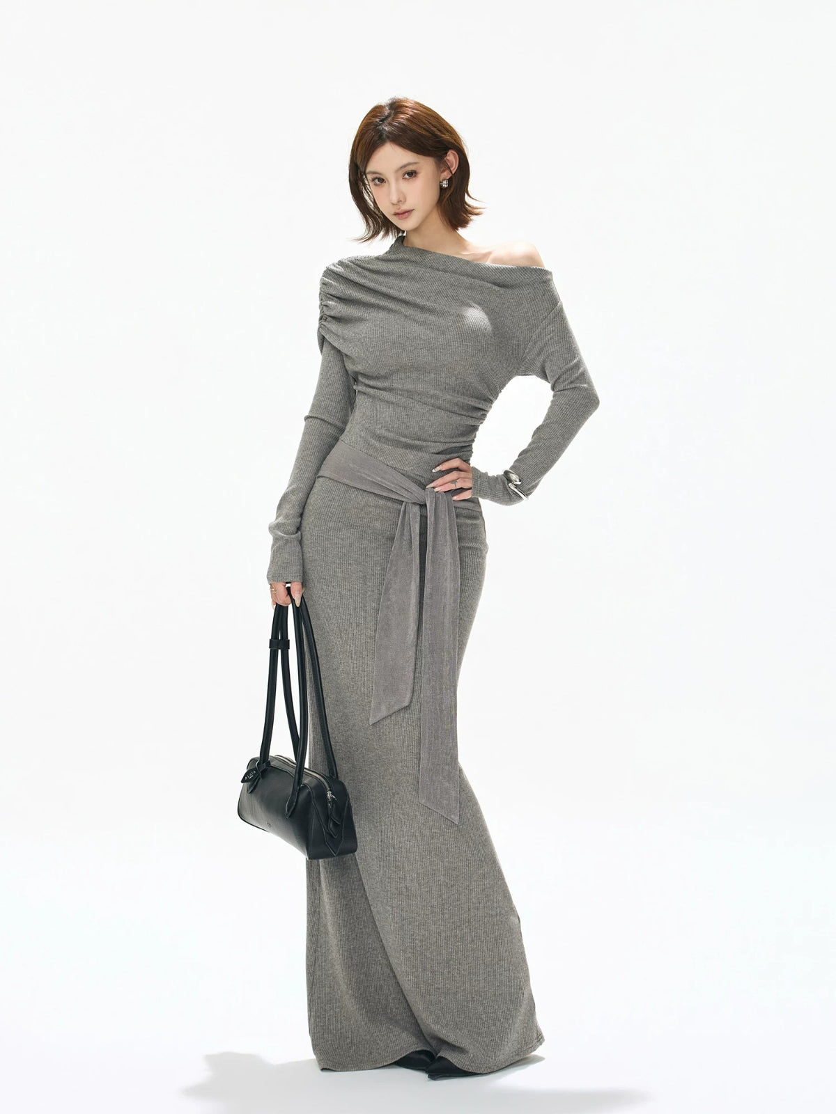 Ruched One-Shoulder Knit Dress