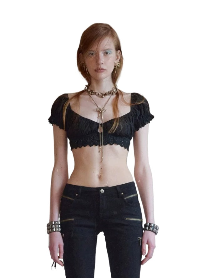 Jacquard Puff Sleeve Crop Top