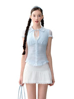Blue & Brown Ruffle Tie Blouse