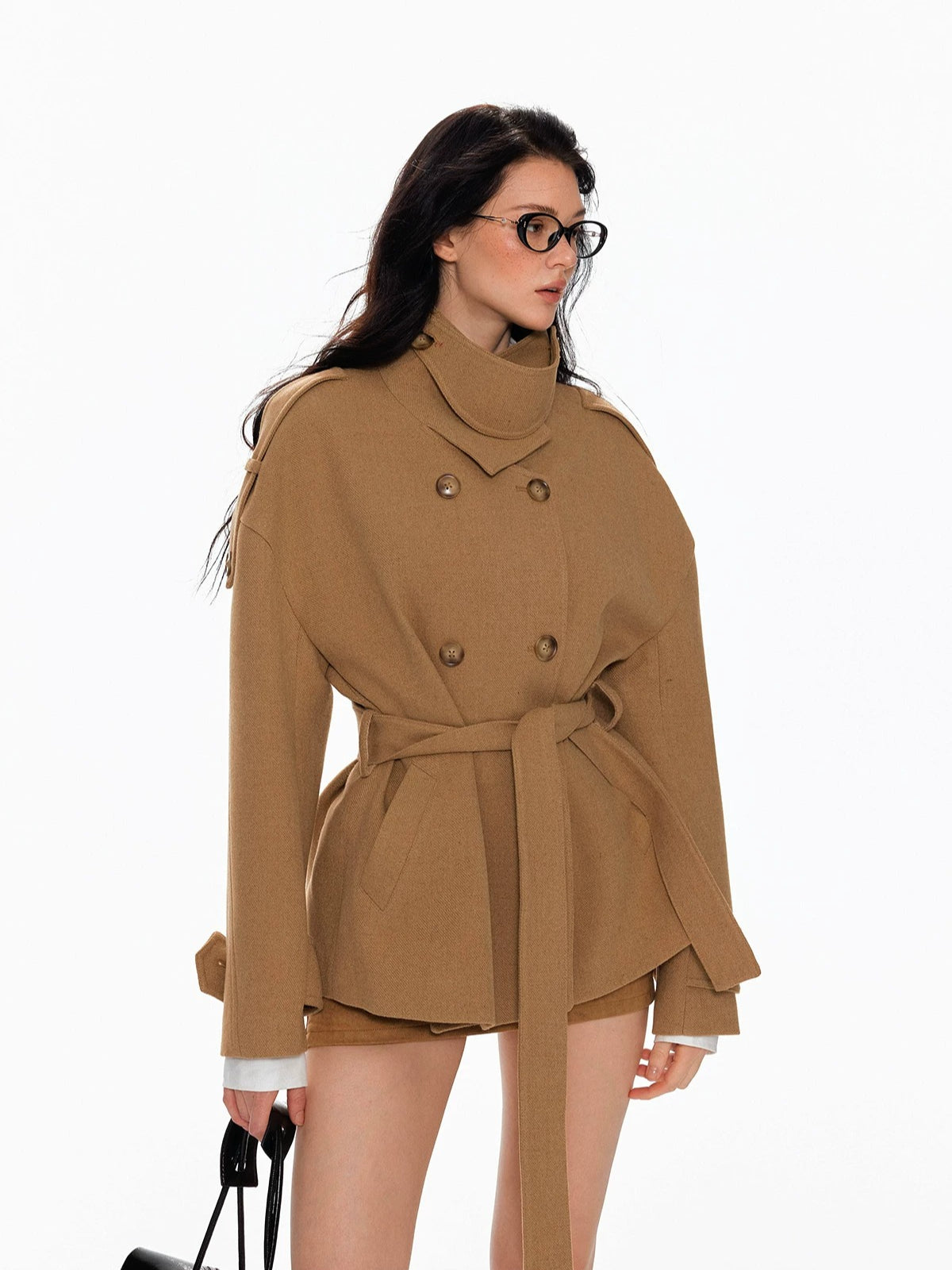 Wool Double Breasted Belted Short Coat