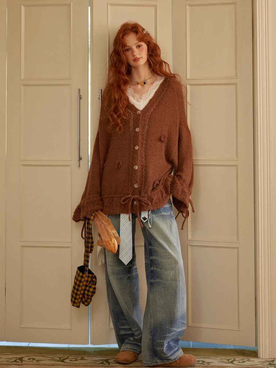 V-Neck Floral Tie Wool-Blend Knit Cardigan