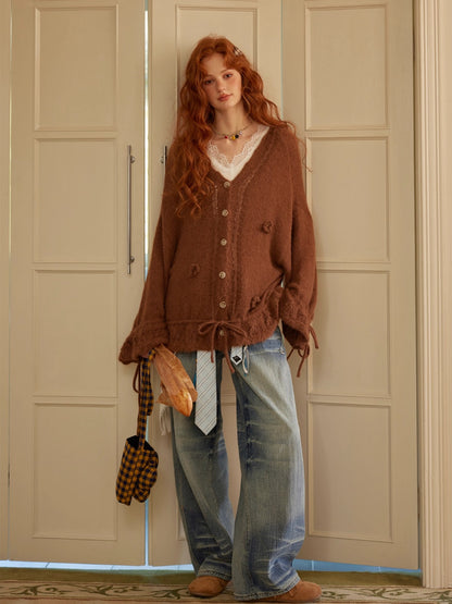 V-Neck Floral Tie Wool-Blend Knit Cardigan