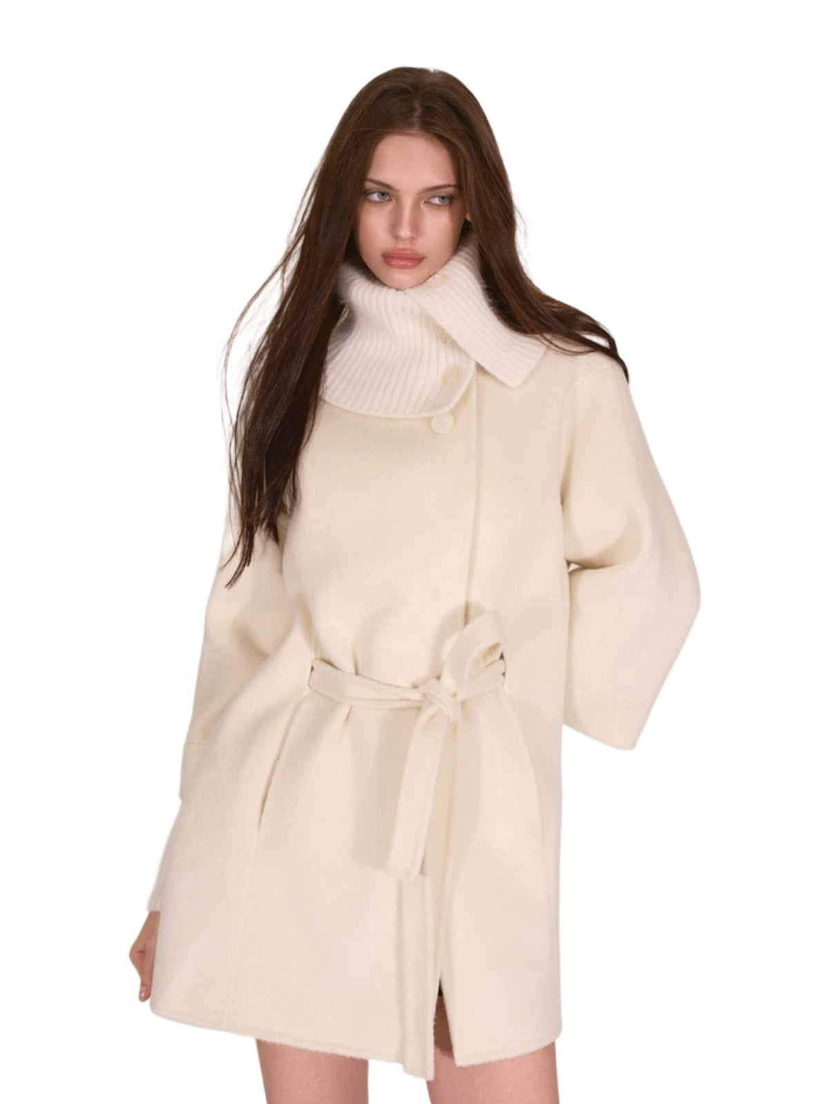 Asymmetric Collar Belted Wool Coat