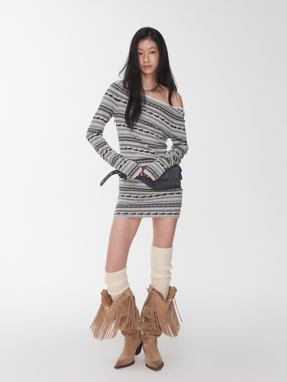 Fair Isle Off-Shoulder Jacquard Knit Dress