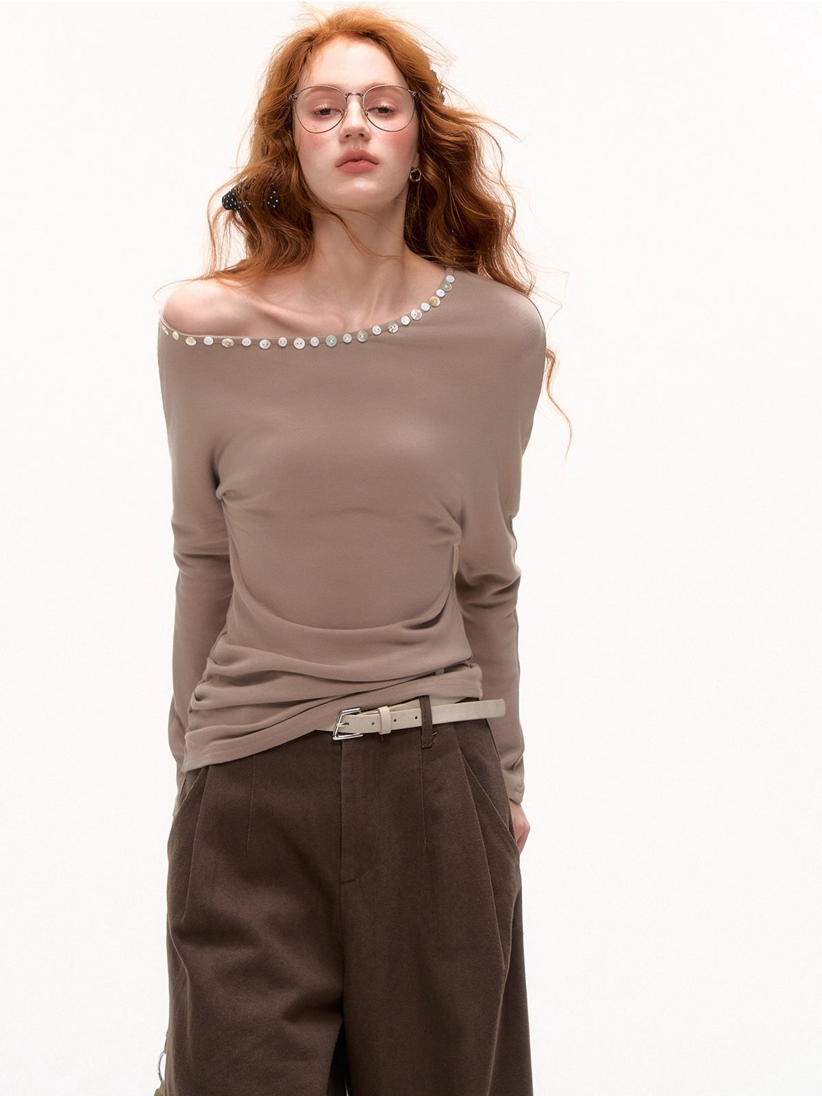 Off-Shoulder Pearl-Button Long-Sleeve T-Shirt