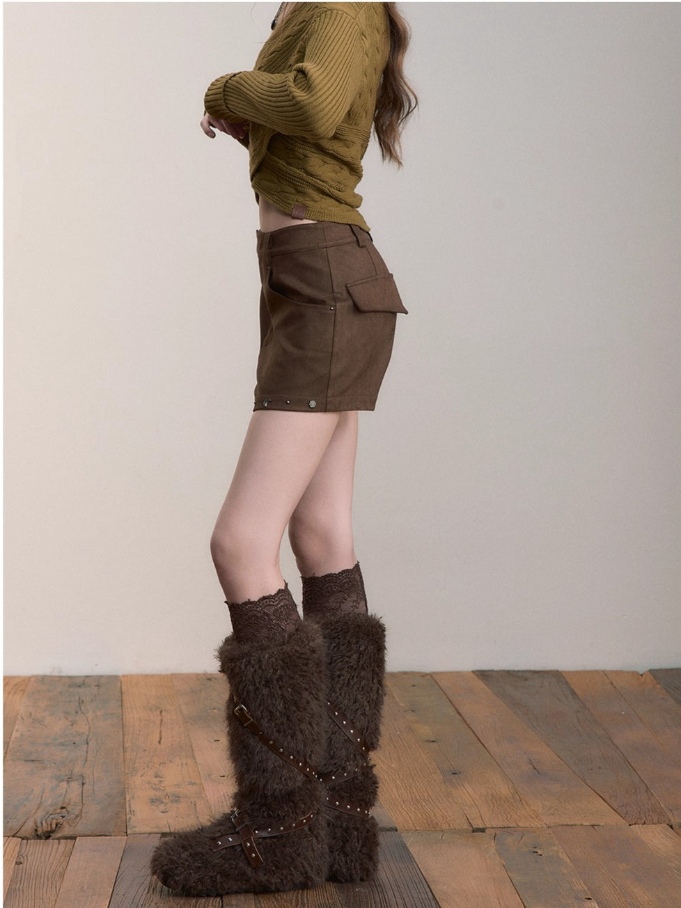 Brown Studded Faux Suede Shorts