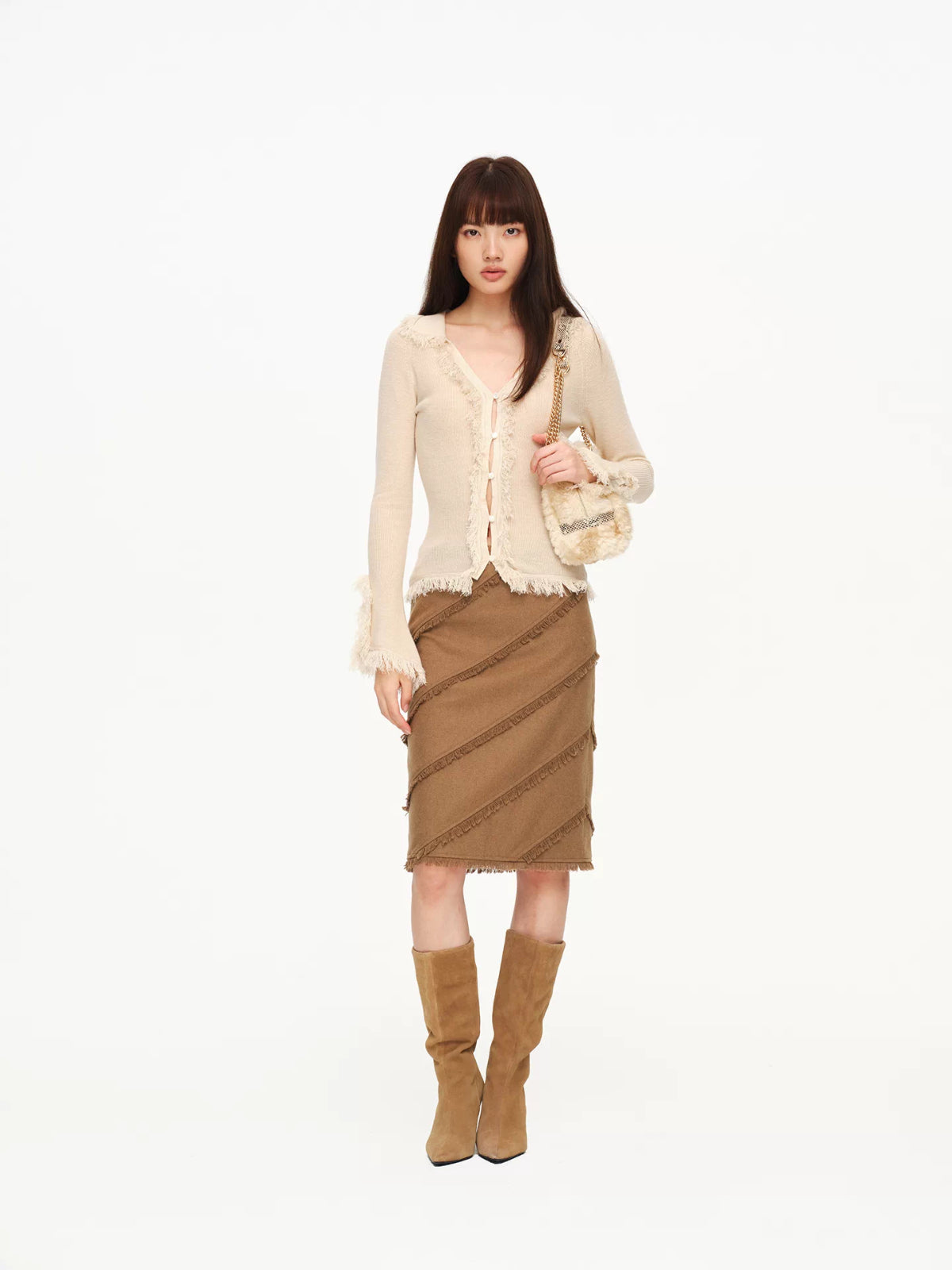 Fringed Collar Fitted Knit Cardigan