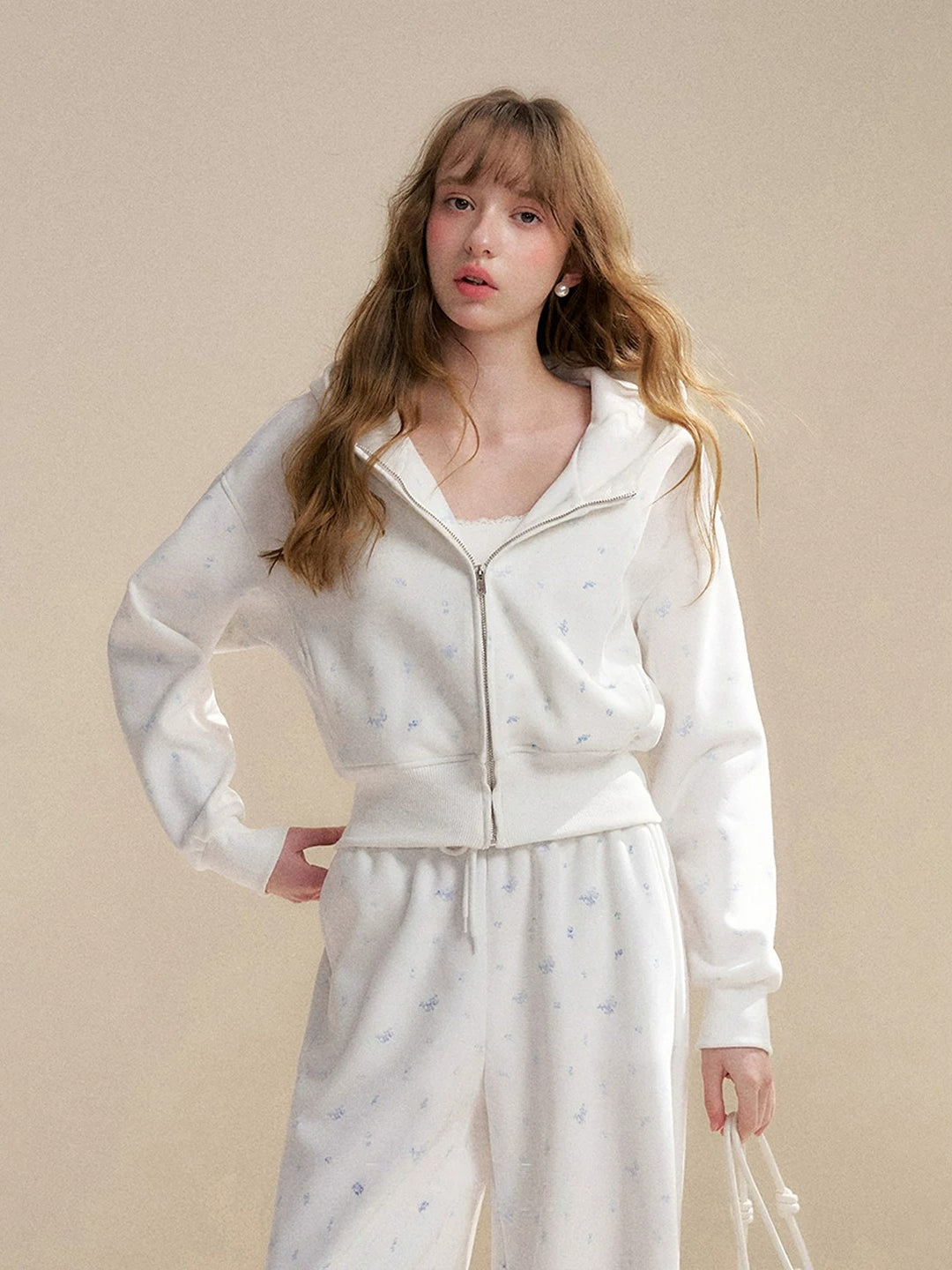 White Rose Printed Hoodie &amp; Pants Set
