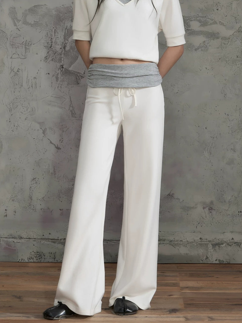Contrast Waist Wide Leg Pants