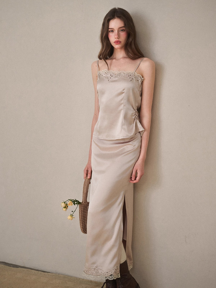 Cosagach Pearl Satin Embroidered Camisole &amp; Skirt Set