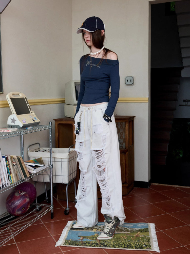 Distressed White Ripped Wide-leg Pants