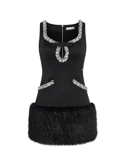 Sable Satin Straight Cut Eco-Fur Dress