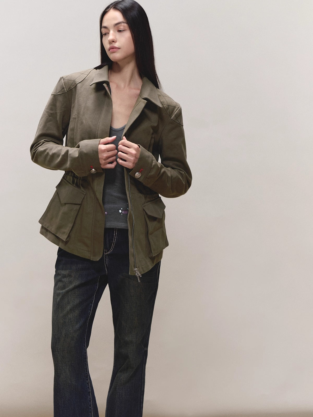 Diamond-Quilt Contrast Hunter Jacket