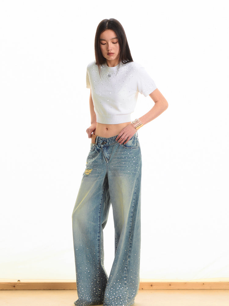 Gradient Rhinestone Shoulder Short-Sleeve T-shirt