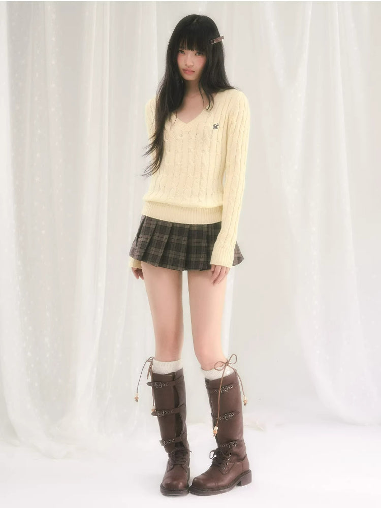 Yellow Textured V-Neck Knit Top