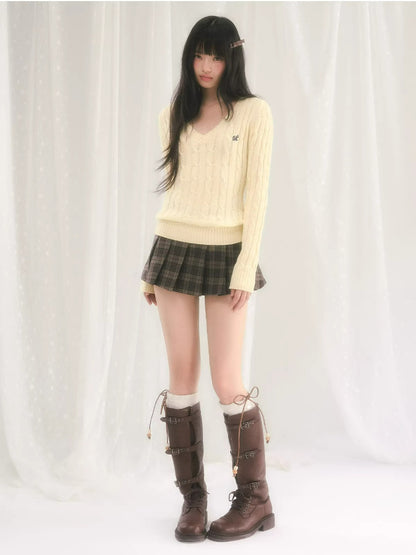 Yellow Textured V-Neck Knit Top
