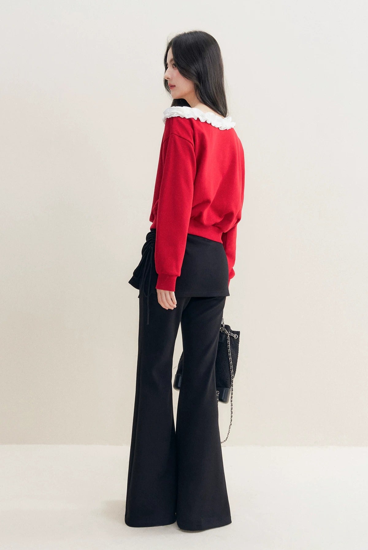 Red Pearl Ruffle Off-Shoulder Sweatshirt