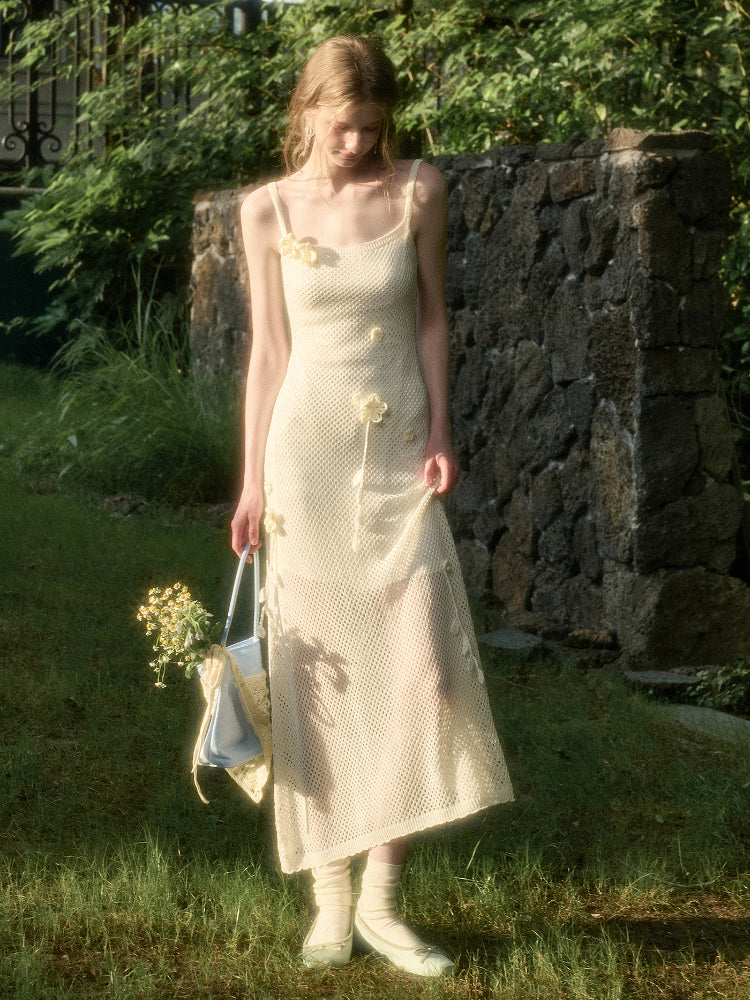 Solid Color Knitted Flower Pure White Dress