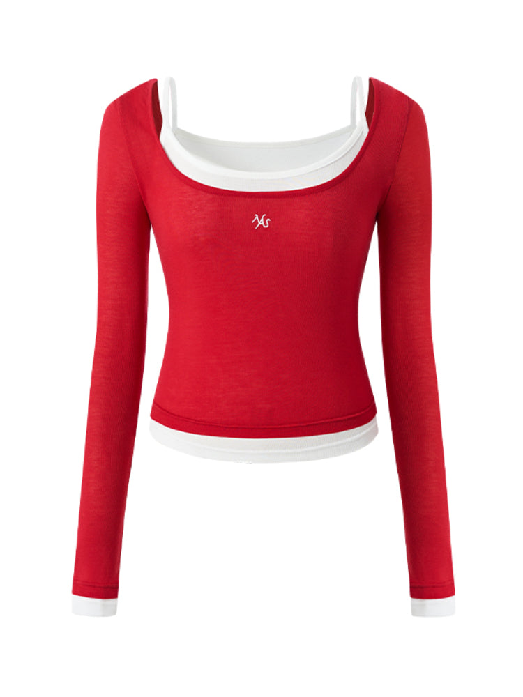 Color-block Two-piece Integrated Strap Layered T-shirt Top