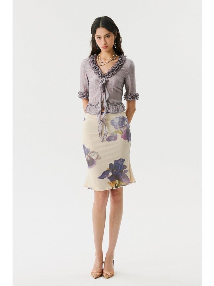 Cream Purple Dyed Print Low-Rise Hip Skirt