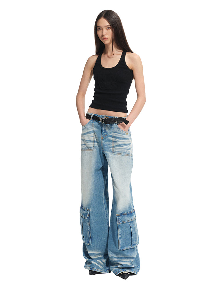 Washed Twill Denim Whisker Wide-leg Jeans