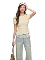 Three-Dimensional Flower Pleated Short-Sleeve Blouse