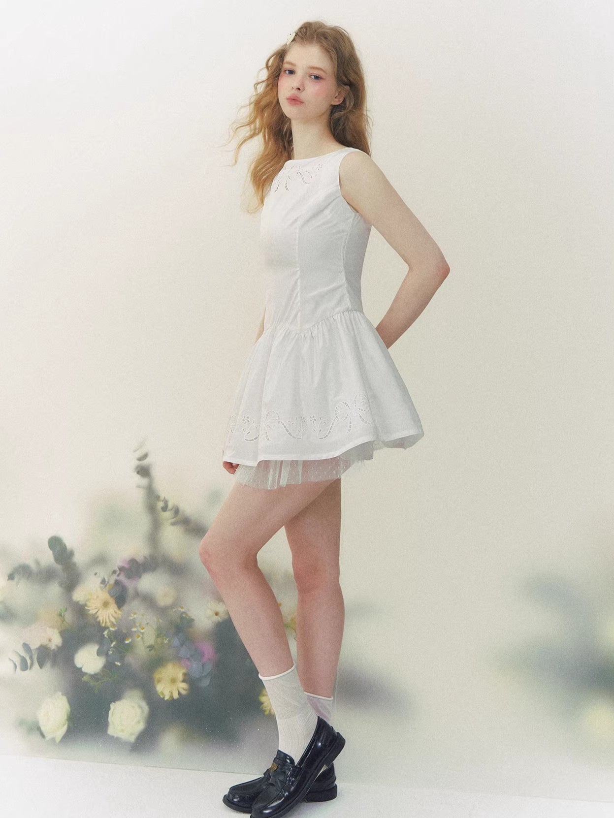 White Embroidered Bow Mini Dress