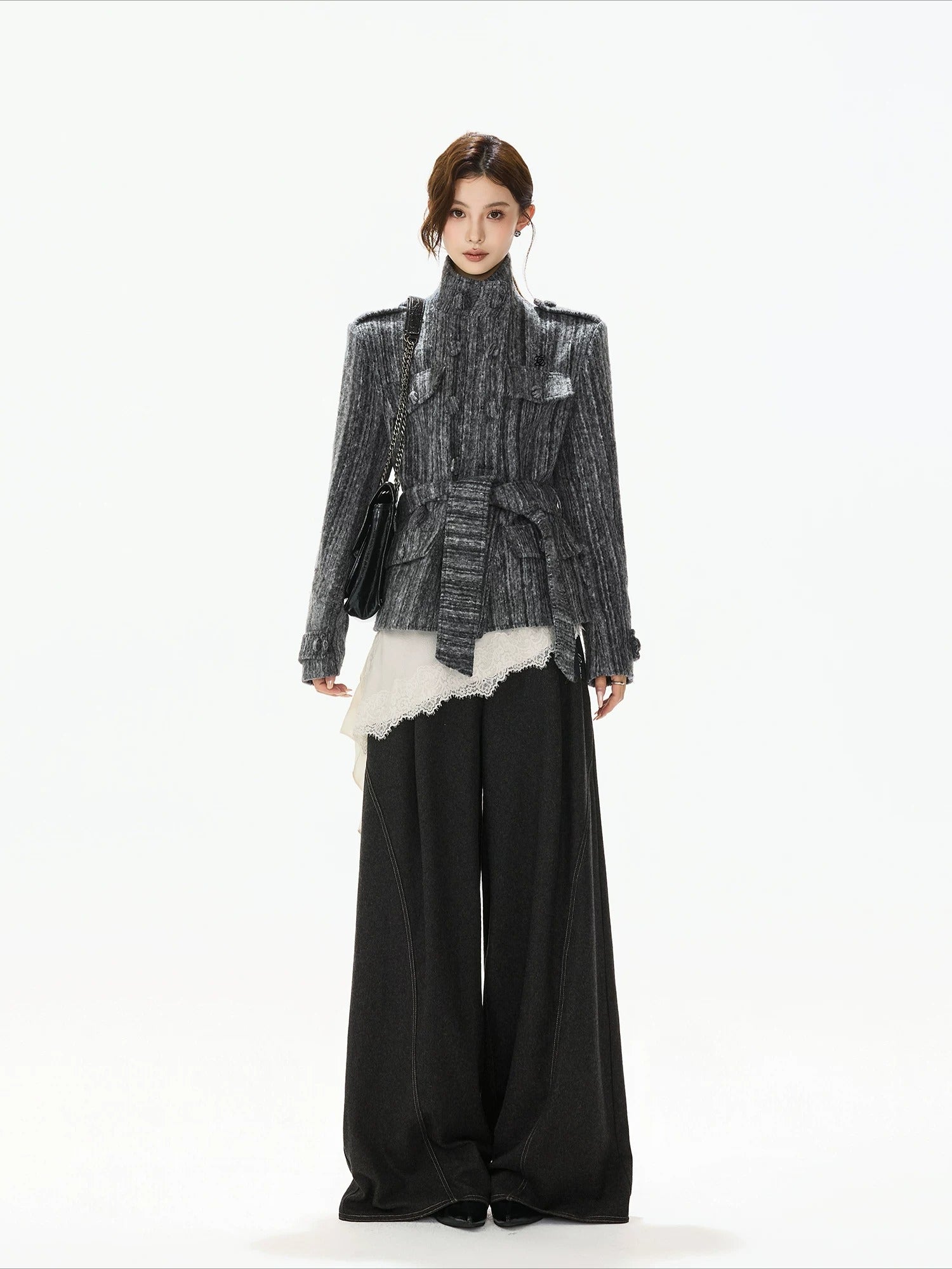 Gray Belted Tweed Coat