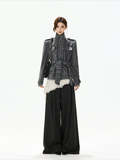 Gray Belted Tweed Coat