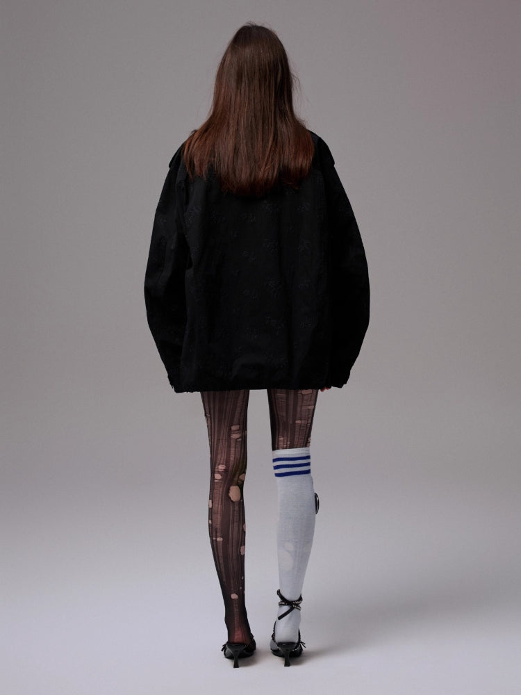 Heavy Embroidery Jacquard Multi-pocket Stand Collar Utility Jacket