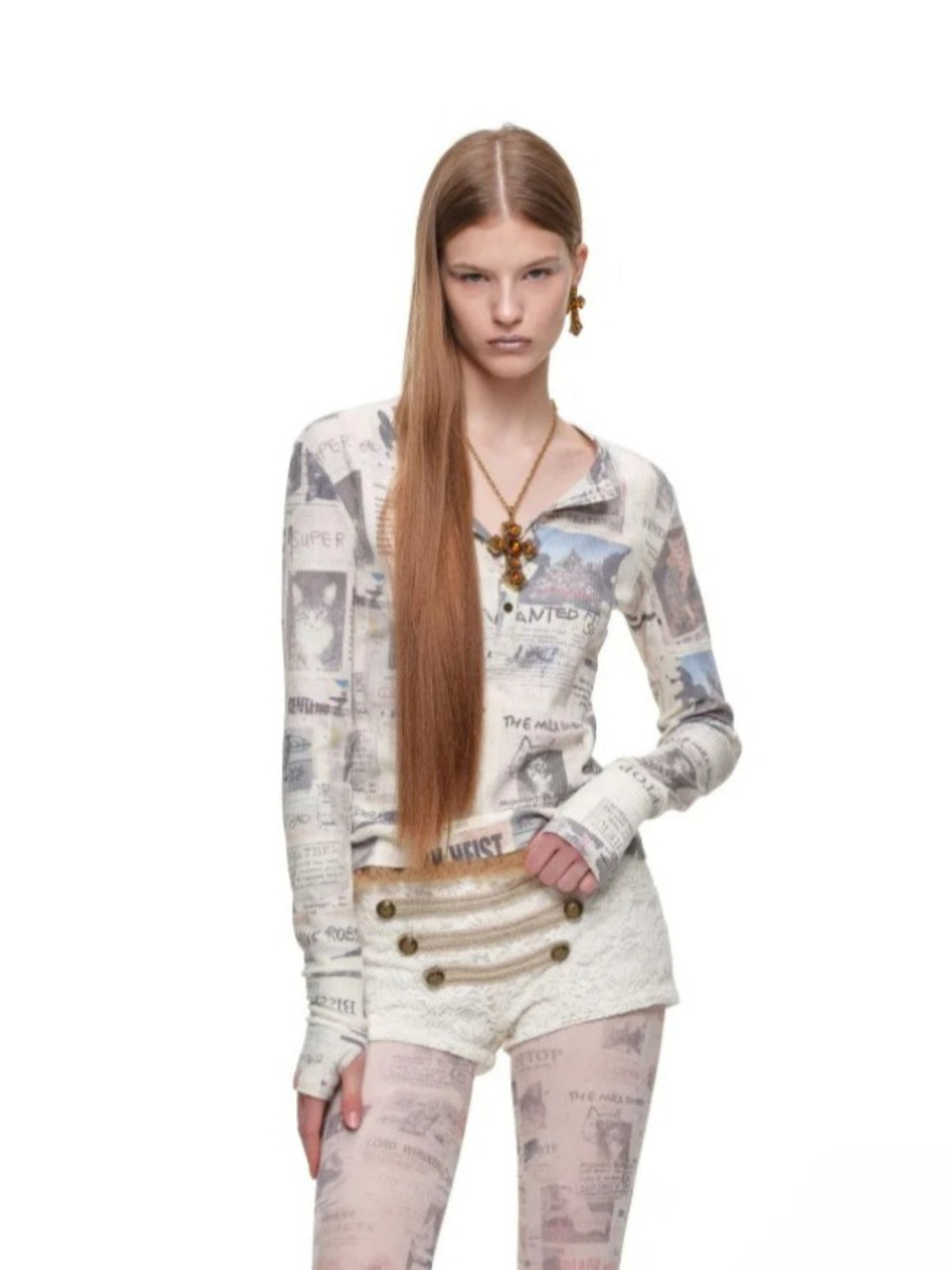Cat Newspaper Print Henley Top