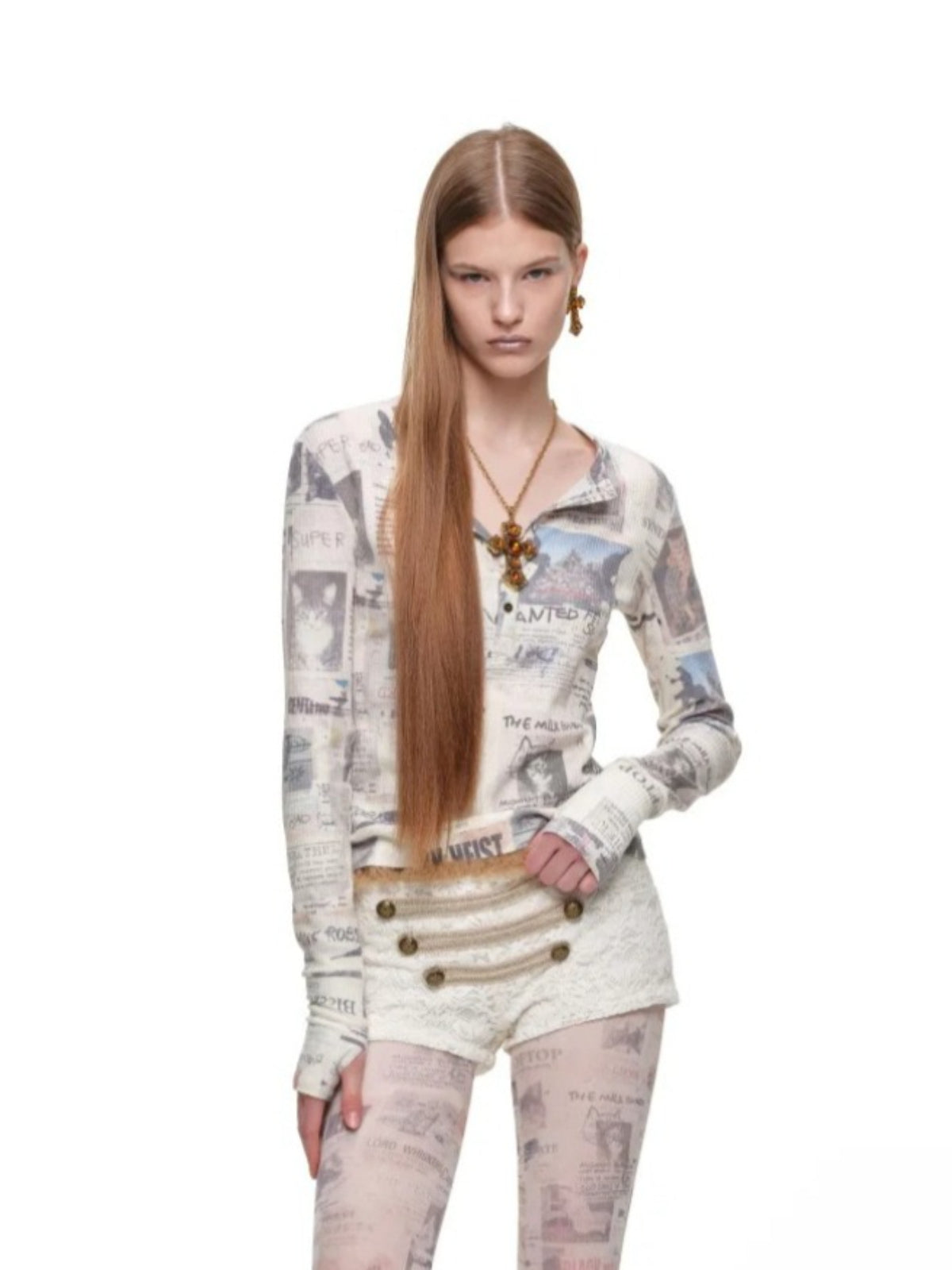 Cat Newspaper Print Henley Top