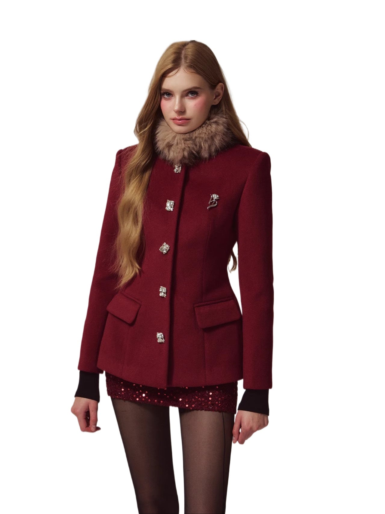 Diamond Detail Waist-Coated Wool Coat &amp; Skirt  Set