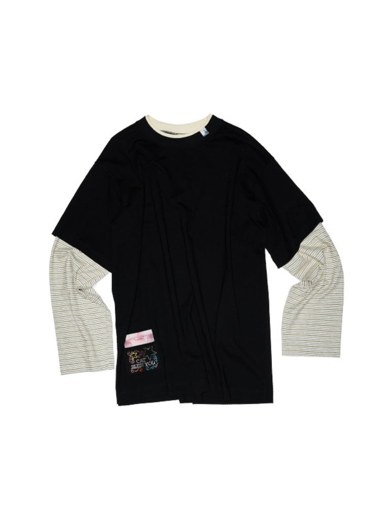 Fake Two-Piece Contrast Color Loose Striped T-Shirt