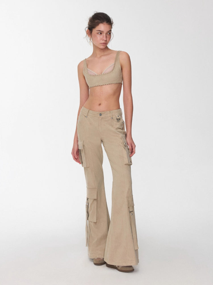 Suede Studded Cargo Flare Pants
